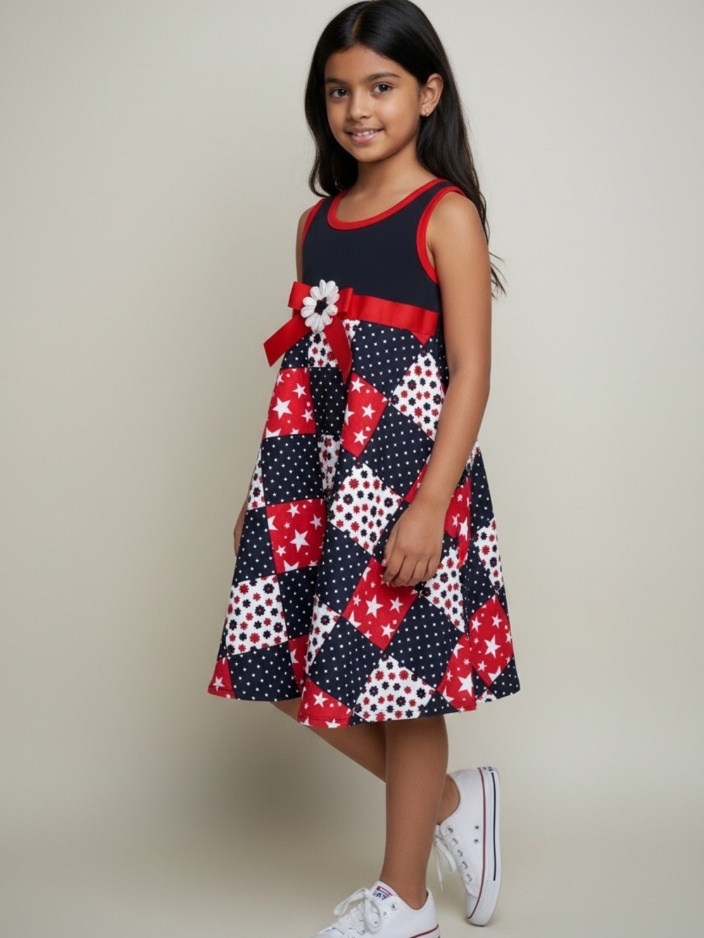 Kohl's Red, Navy & White Patchwork Star Tank Dress with Bow